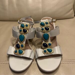 Trina Turk White Sandals with Blue and Gold Embellishments